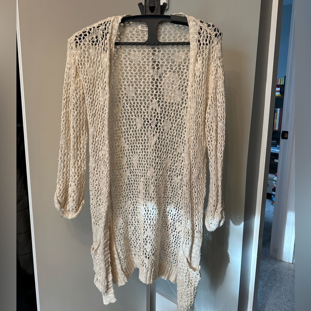 Stradivarius Cream Open-Knit Boho Cardigan